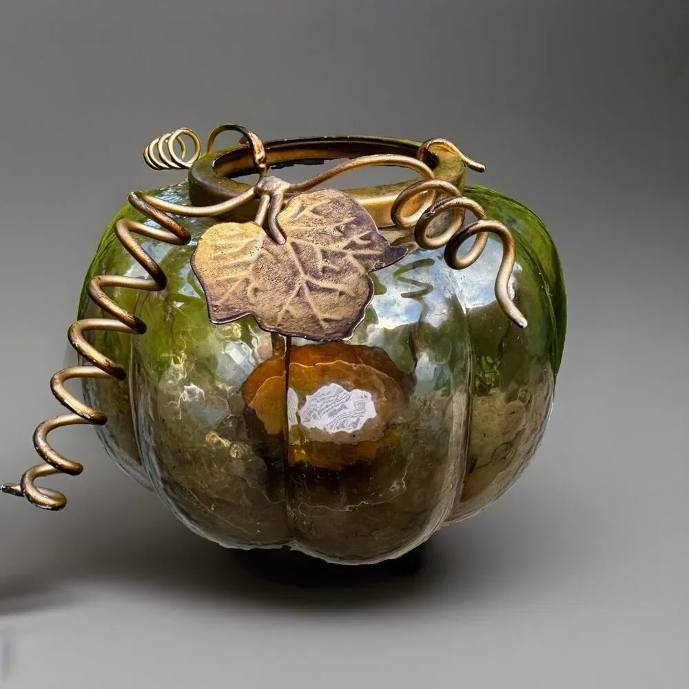 Lg Glass Pumpkin Candle Holder Halloween Fall Decor Gold Vine Leaf Metal Accents